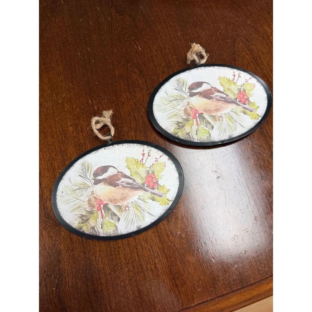 Set of 2 Winter Chickadee Bird Metal Oval Ornaments Christmas Farmhouse Decor